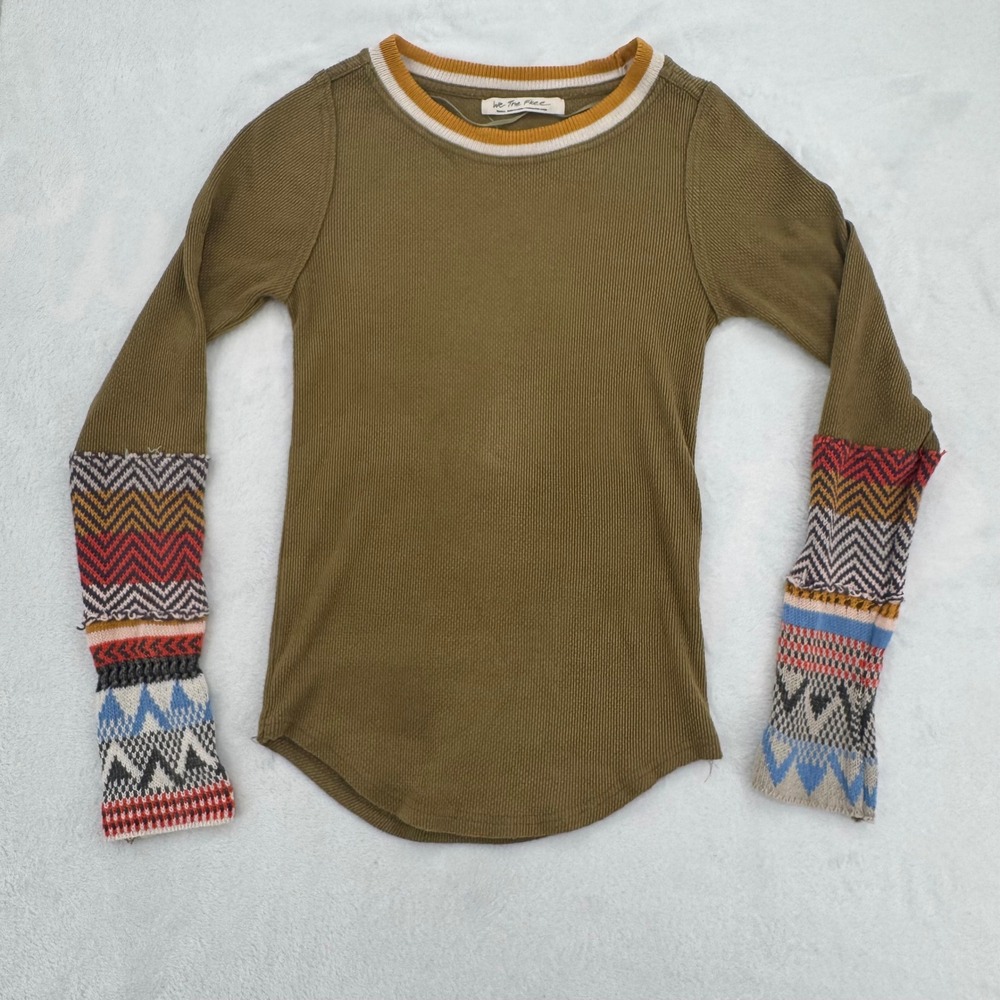 We The Free Free People Green Alpine Cuff Long Sleeve Thermal Mixed Knit- Small